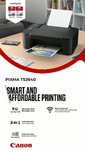 Meet the Canon PIXMA TS3640, your compact 3 in 1 printer that print, scans, and copies with ease! Enjoy wireless printing from your phone, crisp 4800x1200 dpi quality, and a sleek space-saving design perfect for home or small office use.☺️ send a dm to us today to get yours #Canon #Canonpixma #printer #Genuss | GENUSS | Facebook
