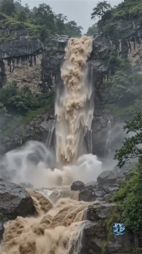 🌊 Nature’s Fury! Massive Muddy Waterfall During Monsoon 😱 | Real Mountain Flood