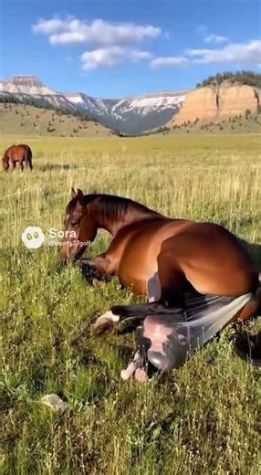 A horse is giving birth in the wild