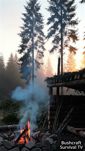 I Built a Log Cabin Base in a Foggy Forest 🌲🔥 #bushcraft #survival