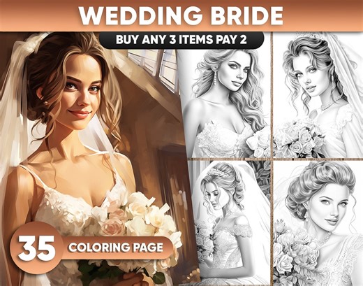 Wedding Bride Coloring Pages: 35 Grayscale Illustrations (printable PDF/JPEG)