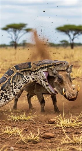 Will the python manage to swallow the warthog A battle of survival #wildlife #python #nature