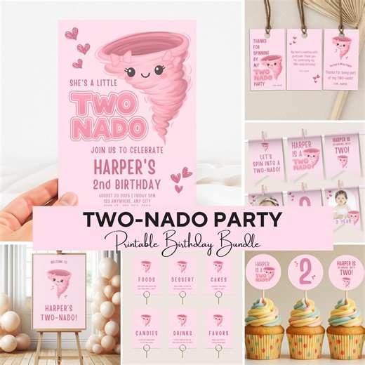 Editable Twonado Birthday Bundle, Pink Tornado Birthday Party Decoration, Whirlwind Party Templates, Tornado Custom Birthday Party Signs - Etsy