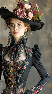 Vintage elegance: woman dressed in 1800s clothing, reflecting fashion and cultural identity of era through intricate fabrics, corsets, and timeless accessories.