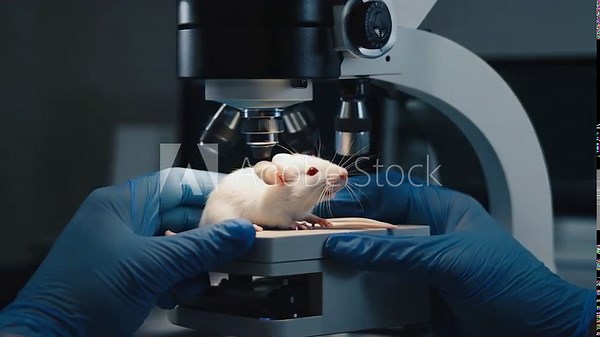 Laboratory Mouse Under Microscope for Scientific Research: Animal Testing and Pharmaceutical Development in a Modern Setting