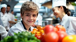 Curious teen boy participating in culinary workshop led by professional chefs for tweens and learning how to cook 4K Video
