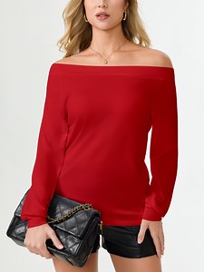 Aiyino Women's long Sleeve Shirt Boat Neck Off Shoulder Stretchy Blouse Tops Plus Size,Red XXL