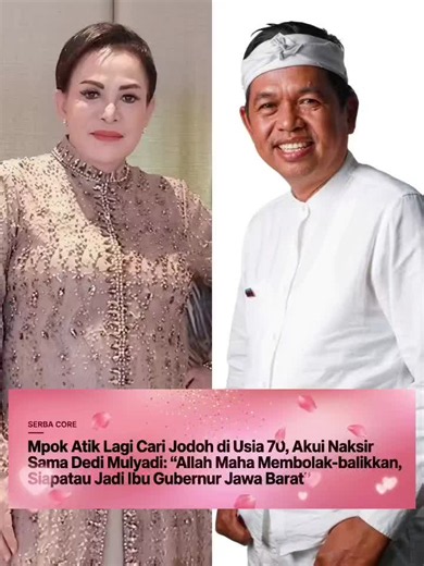Komedian senior Mpok Atiek tengah menjadi sorotan usai di usianya yang sudah menginjak 70 tahun. Pemilik nama asli Atiek Riwayati ini secara terang-terangan mengaku ingin mencari jodoh lagi. Adapun sosok pria yang diincarnya yakni tokoh publik ternama, Dedi Mulyadi alias KDM. Pengakuan kocak sekaligus mengejutkan ini bermula saat Mpok Atiek berkesempatan menyambangi kediaman KDM di Jawa Barat. #mpokatik #dedimulyadi #gubernurjawabarat #kangdedimulyadi #carijodoh