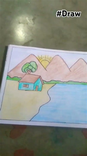 easy drawing#house#mounten#sun#river.🌄🏡🌊