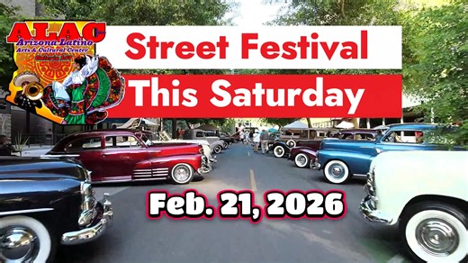 36K views · 426 reactions | Familia, join us this Saturday, February 21, 2026, Street Festival Block Party, from 11:00 AM To 11:00 PM at Arizona Latino Arts & Cultural Center, home of Latino USA Media, LLC studios. 147 E. Adams Street, Phoenix, AZ 85004, Heart of Downtown Phoenix. Food, Music, Live Performances, Vendors, and Lowriders. See You There. Free Event. | Arizona Latino Arts & Cultural Center | Facebook