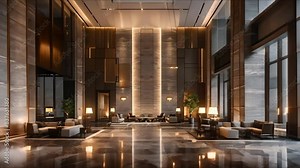 Sophisticated Modern Design of Hotel Lobby with Stylish Seating and Lighting. Concept Hotel Lobby Design, Modern Style, Stylish Seating, Lighting Design
