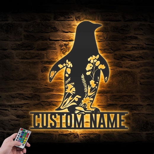Custom Wildflower Penguin Metal Wall Art LED Light Personalized Wild Flower Penguin Name Sign Home Decor Floral Penguin Decoration Christmas - Etsy