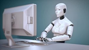 Robot With Artificial Intelligence And Machine Learning Uses Computer 01