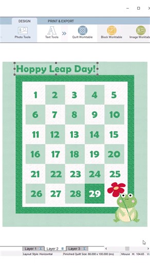 Hoppy Leap Day!  We designed this adorable quilt using the Applique Text tool in #EQ8! This feature let's you put simple applique text on Layer 2 of the quilt. Give it a try and let us know what you think! #leapday2024 #DoYouEQ #electricquilt #quiltersofinstagram #quiltdesign #customquilts #quiltingtips #sewing #quilting #designinspo | Electric Quilt | Facebook