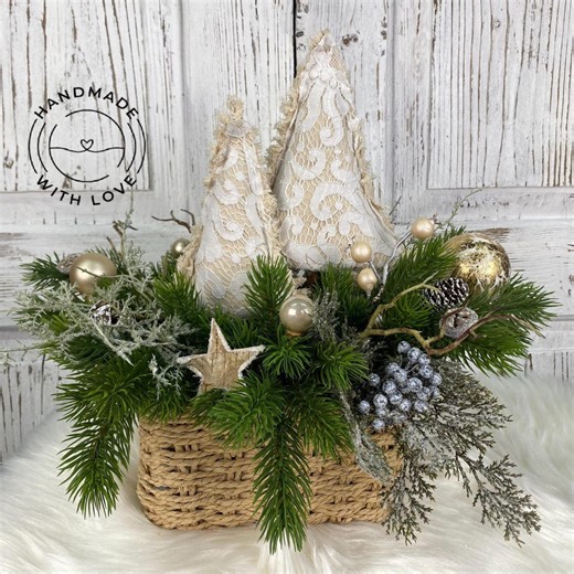 Rustic Christmas Centerpiece: Handmade Lace Trees & Gold Ornaments - Etsy