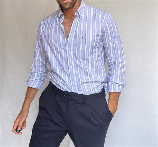 Tommy Hilfiger Blue Striped Button up Shirt, L - Etsy