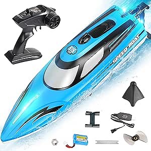 BEZGAR RC Boat, 14 inch Remote Control Boat for Kids and Adults, 25 KPH Fast RC Speed Boats with 1100mAh Battery, Ideal Waterproof Toy Boats for Lakes & Pools - HJ815 Blue