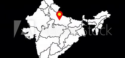 India map Uttar Pradesh highlight animation, UP location pin drop, Indian states outline with marked region, clean alpha background, geographic locator point, state position indicator and region