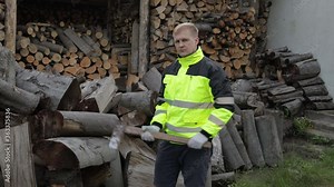 Lumberjack in reflective jacket. Man woodcutter with big axe. Sawn logs, firewood background
