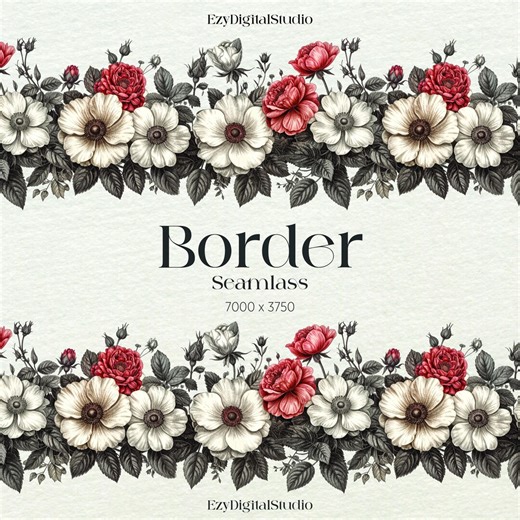 Vintage Floral Border Seamless Pattern, Coral Red Flower Wallpaper Design, Fabric Print Digital Download - Etsy