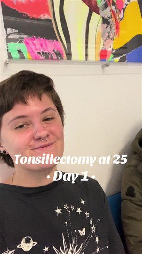Day 1 of my Tonsillectomy at 25 years old! Feeling soooo exhausted and ready to try sleep 😴 my uvula is incredibly swollen which makes me feel like I’m choking often, not fun. Nervous for day 2 😳 #tonsilectomy #surgery #tonsils #tonsilsremoved