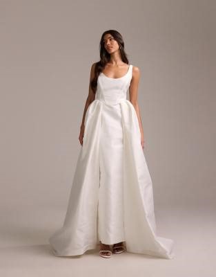 ASOS DESIGN structured super scoop neck pencil maxi dress with full overskirt in white | ASOS