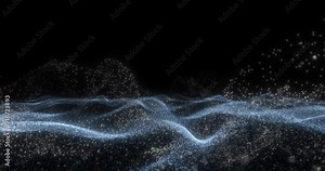 Abstract blue ocean of particles on black background. White foam spreading over the ocean. Looping seamless animation.