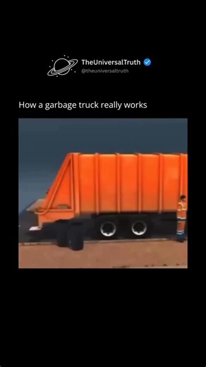 The Universal Concept on Instagram: "Follow (us) @theuniversaltruth to learn something NEW every day. 🧠💫 A garbage truck is designed to collect and transport waste efficiently. Trash is loaded into the truck either manually by workers or automatically using a mechanical arm that lifts bins. Once inside, hydraulic systems power a large metal plate or packer blade that compresses the garbage, making room for more. The compacted waste is pushed into a storage area at the back of the truck, and wh