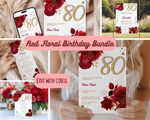 Red Floral Birthday Invitation Bundle - Editable Printable - Gold Glitter Number Invite - Instant Download - Menus, Sign Included - Etsy