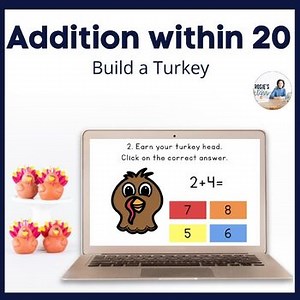 Thanksgiving Addition to 20 Math Activity to Practice Facts for 1st or 2nd Grade
