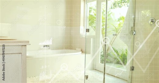 Sunlight shifting HUD bars rising and line graph sweeping across bathtub and shower showing metrics