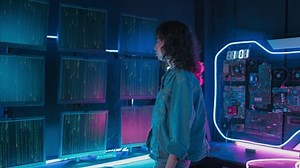 Asian women touch screens, showcasing innovation and machine learning in virtual reality. The future of software development and technology advancement. programming ,coding and digital concept.