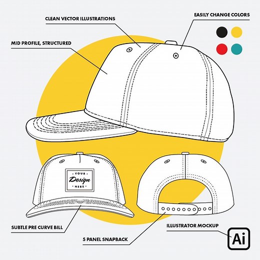Custom Hat Template - 5 Panel Snapback - Tech Sheet, Digital Download, Vector Mock Up, Adobe Illustrator - Etsy