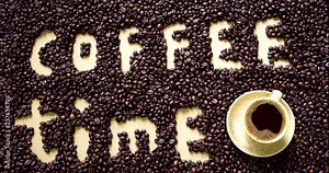 Coffee Time concept text. Coffee Beans and cup with espresso. cartoon Stock Video