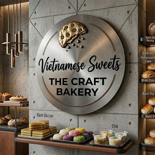 Bakery Metal Logo Sign, Custom Food Business Sign, Vietnamese Sweets Shop Decor, Round UV Print Branding Sign