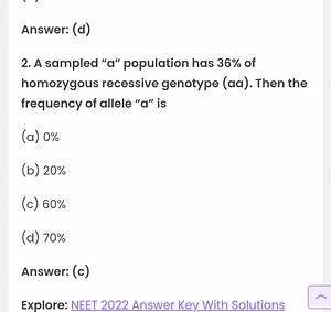 Answer: (d)A sampled " a " population has 36 \% of homozygous ... | Filo