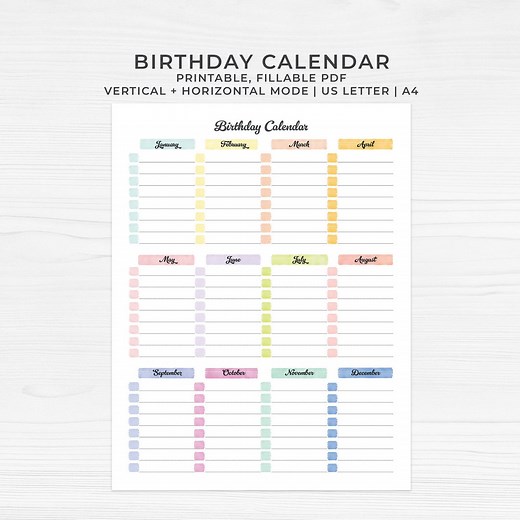Geburtstagskalender Vorlage zum ausdrucken, Ewiger Geburtstagskalender, ausfüllbares PDF, Geburtstagserinnerungs-Vorlage, Quer- und Hochformat - Etsy.de