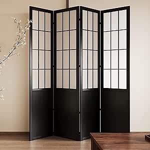 5.6FT Room Divider and Folding Portable Partition Screen, Chinese Japanese Shoji Style for Room Separation - 4 Panel (Black)