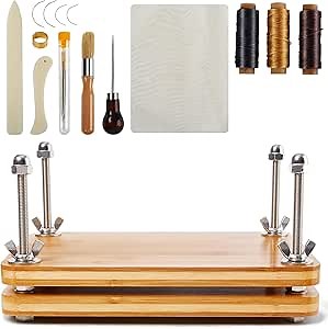 Book Press - Portable DIY Book Binding Starter Kit with 19pcs Tools, Bone Folder, Awl, Large Eye Needles, Wax Thread - 11.8x7.8 Inch