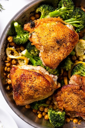 PRINT the recipe: https://www.wyseguide.com/one-pan-chicken-chickpeas-broccoli/ ⁠ I’m tired of chicken breast getting all the attention. Thighs are the star of this one-pan meal with dilly chickpeas and broccoli. Thighs are more flavorful and always moist! ⁠ INGREDIENTS⁠ ⁠ For the chicken:⁠ ⁠ - 4 chicken thighs (about 1 1/2 lbs)⁠ - 1 1/2 tsp salt⁠ - 1 tsp pepper⁠ - 1 tbsp olive oil⁠ ⁠ For the chickpeas & broccoli:⁠ ⁠ - 5 cloves garlic⁠ - 2 15-oz cans chickpeas, drained and rinsed⁠ - 1/2 tsp salt