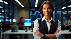 A woman in a white blouse and black vest is standing in an office with her arms crossed. There are blurred images of people and computers in the background.