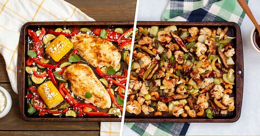 Sheet-pan cooking: Chicken with potatoes, pork chops with Brussels sprouts