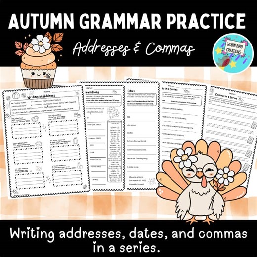 Thanksgiving/Autumn Reading Grades 3rd, 4th, 5th Writing Addresses Commas