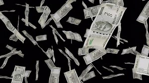 500 Indian Rupee bills falling down. Banknotes isolated on transparent background.