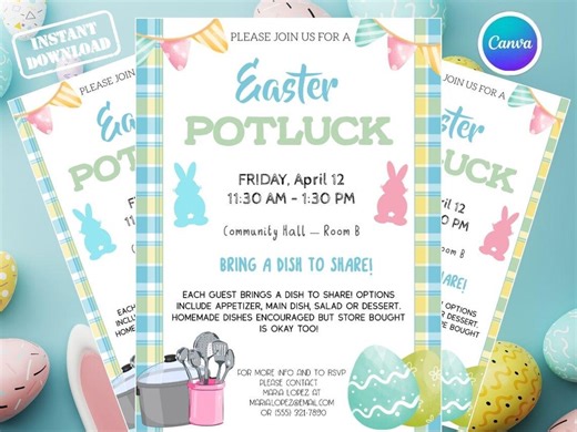 Editable Easter Potluck Invitation Template, Spring Potluck Party Invite, Easter Brunch Dinner Lunch Flyer, Church Canva Instant Download - Etsy