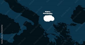 World Map Zoom In To North Macedonia. Animation in 4K Video. White North Macedonia Territory On Dark Blue World Map
