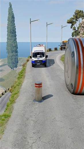 Cars & Ambulance Van vs Giant Pit Bollards Crash BeamNG.Drive