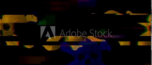 Digital glitch pattern background graphic shows skull and crossbones symbols with color noise and data corruption effects.