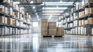 Stacked cardboard boxes on pallet racks in a spacious contemporary warehouse. Concept Warehouse Storage, Pallet Racks, Cardboard Boxes, Contemporary Design, Spacious Setting