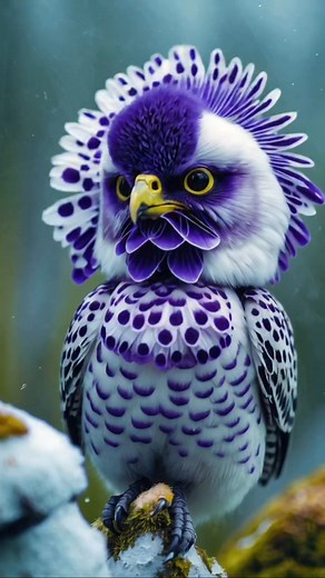 — The Violethorn 🪶 Traits 🎨 Main colors: Royal violet, snow white, deep black 🌸 Feature: Petal-shaped spotted feathers on the face and chest 📍 Location: Boreal forests of Norway 🇳🇴 📝 Description The Violethorn looks like a winter spirit born from frozen flowers. Its face blooms in perfect symmetry, with purple petals circling golden eyes. Locals say its haunting low-pitched call can calm storms. It only appears at dawn, perched silently on frost-covered branches. #MetaBirds #NFT #BirdNFT 